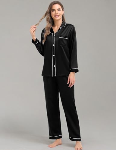 Women & Men Satin Pajamas Set Couple Matching Pajamas Long Sleeve Sleepwear Button Down Loungewear 2 Pcs Pj Set