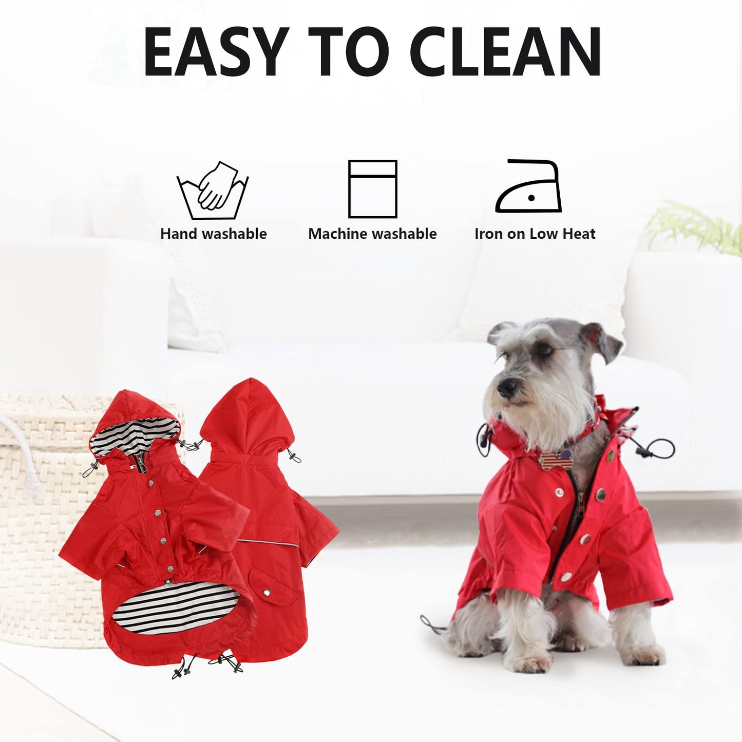 Dog Zip Up Dog Raincoat with Reflective, Rain/Water Resistant, Adjustable Drawstring, Removable Hood, Dog Raincoats with Legs 8lbs to 80lbs Available - Red - Small
