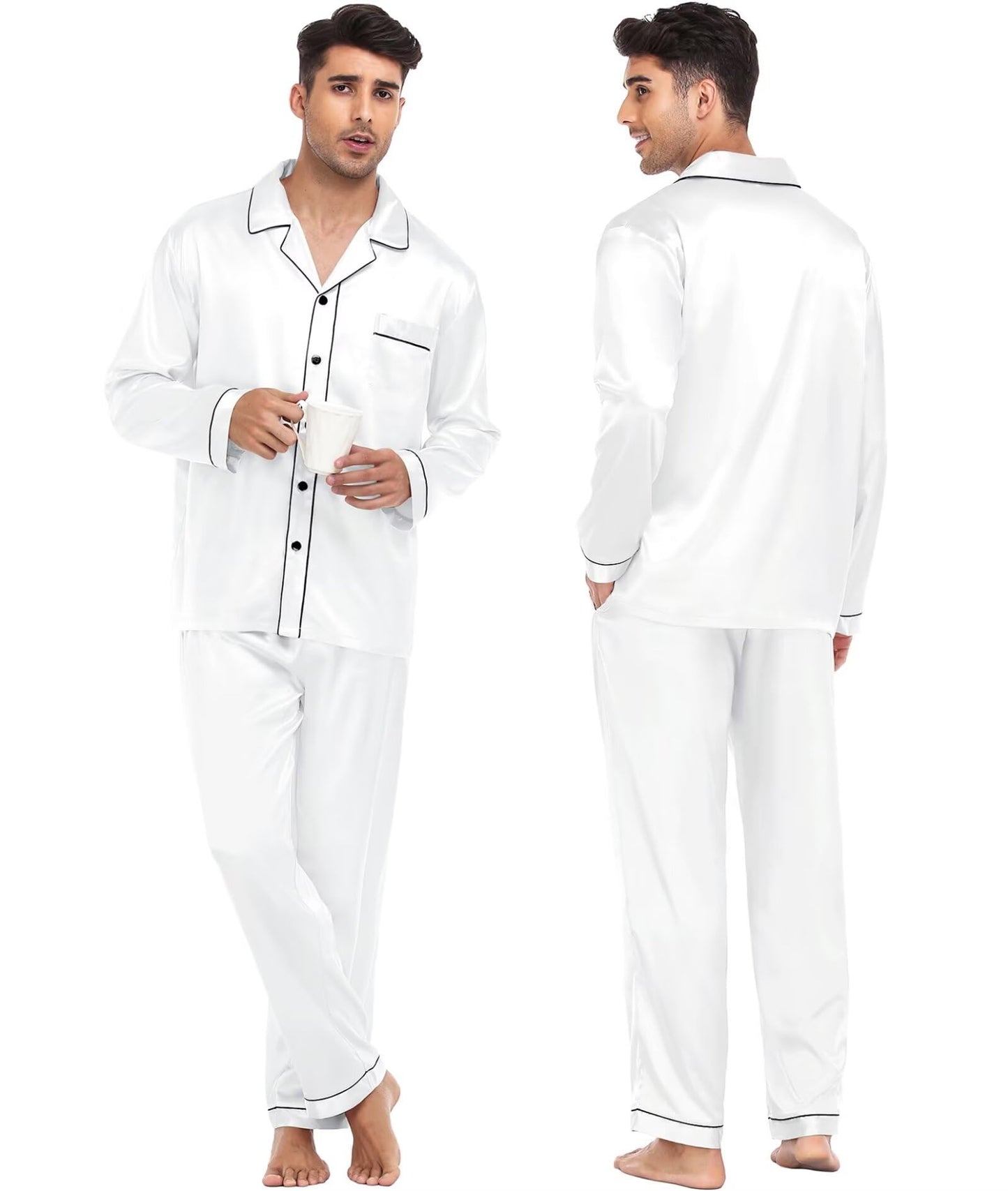 Women & Men Satin Pajamas Set Couple Matching Pajamas Long Sleeve Sleepwear Button Down Loungewear 2 Pcs Pj Set
