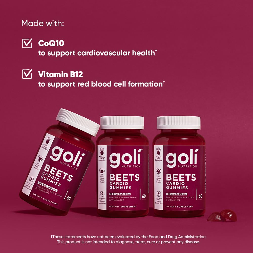 Goli Nutritional Supplement, Beets Cardio Gummy, 180 Count(3 Pack of 60), 100mg CoQ10 & Beet Root Extract - Gluten-Free, Vegan, Non-GMO, and Gelatin-Free. Nature's Great Superfood