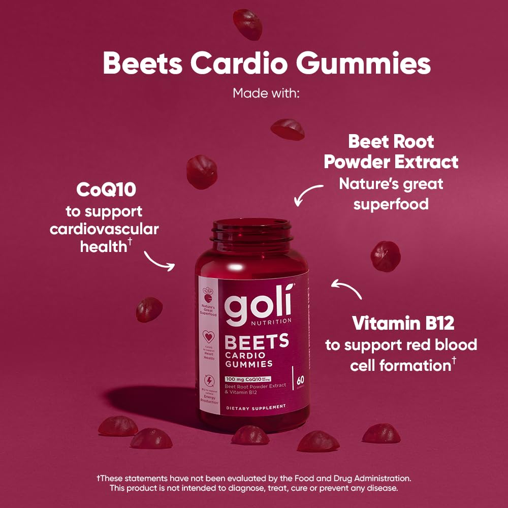 Goli Nutritional Supplement, Beets Cardio Gummy, 180 Count(3 Pack of 60), 100mg CoQ10 & Beet Root Extract - Gluten-Free, Vegan, Non-GMO, and Gelatin-Free. Nature's Great Superfood