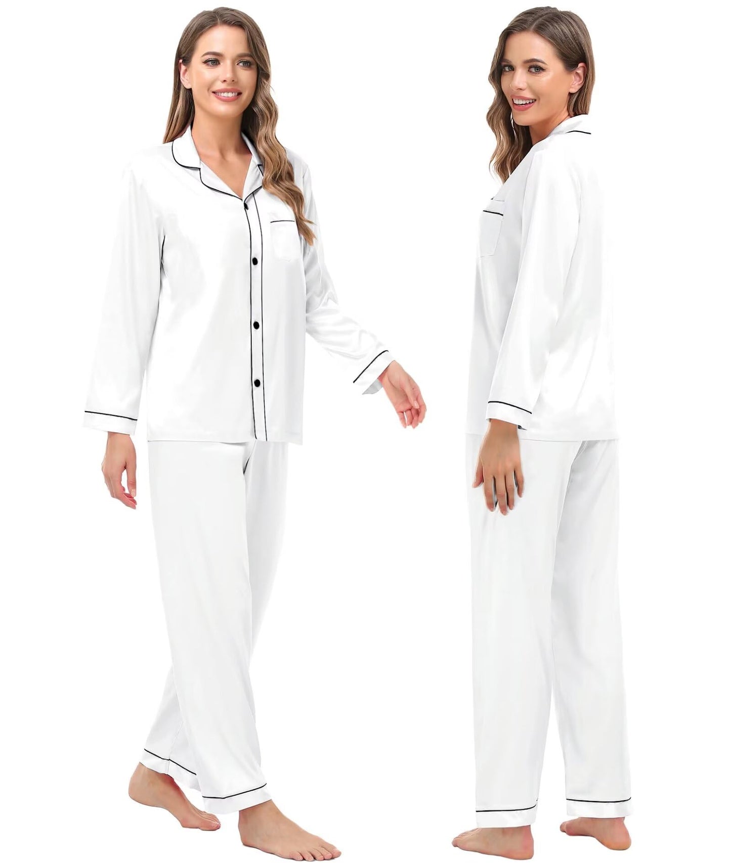 Women & Men Satin Pajamas Set Couple Matching Pajamas Long Sleeve Sleepwear Button Down Loungewear 2 Pcs Pj Set