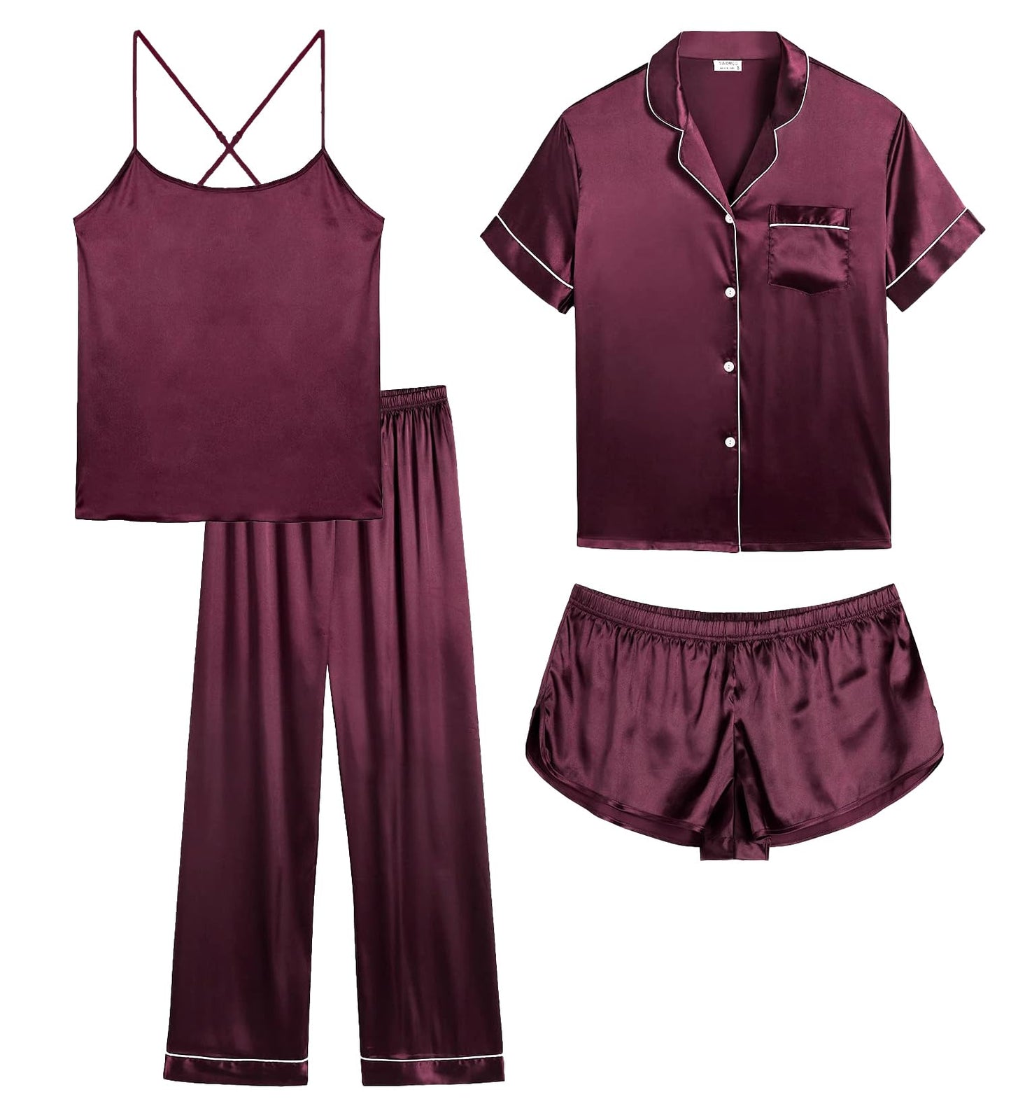 Womens 4pcs Pajamas Sets Silk Satin Pjs Silky Sexy Cami Shorts Set Button Down Short Sleeve Sleepwear Loungewear