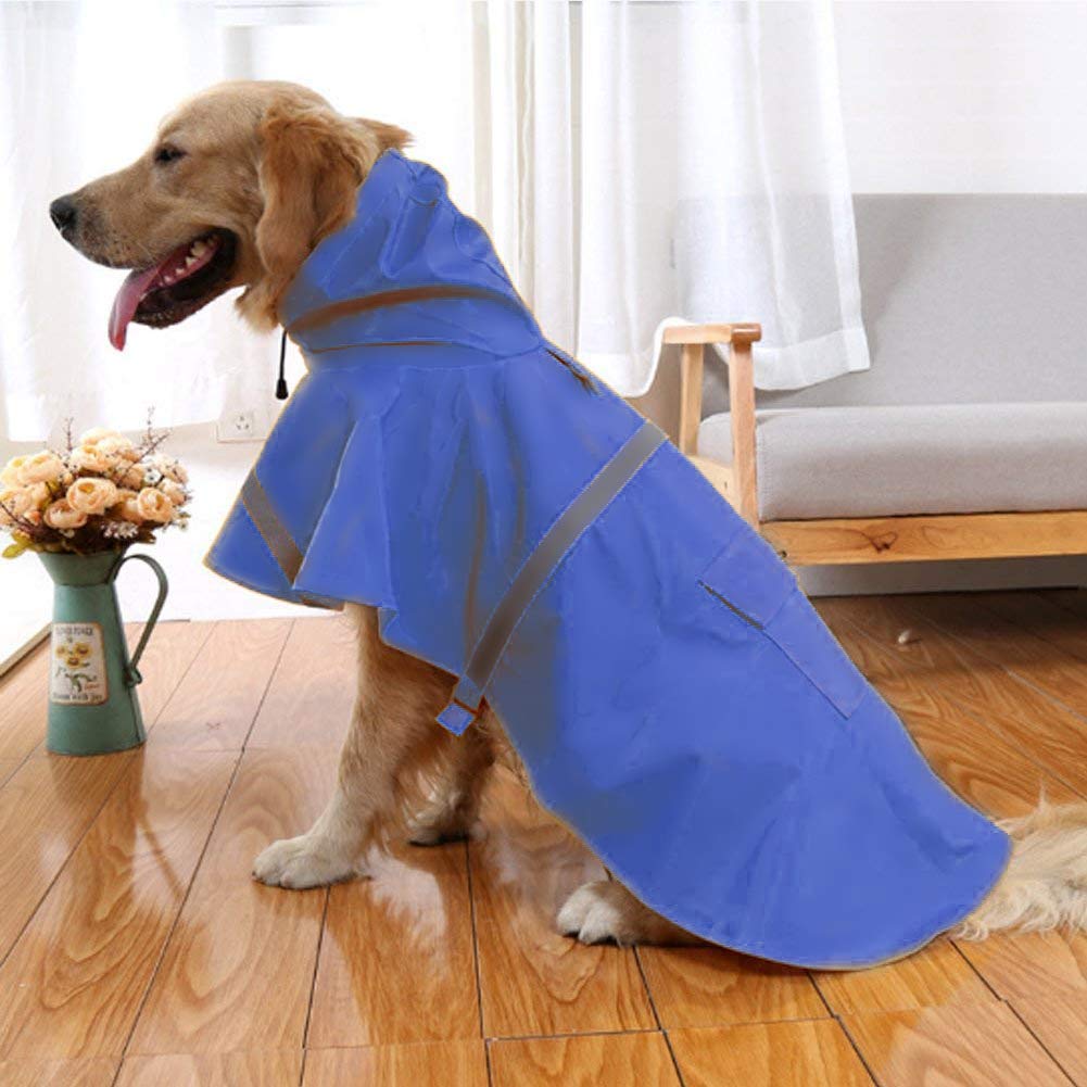 Dog Raincoat Adjustable - Pet Dinosaurs Water Proof Clothes Lightweight Rain Jacket Poncho Hoodies with Strip Reflective Blue