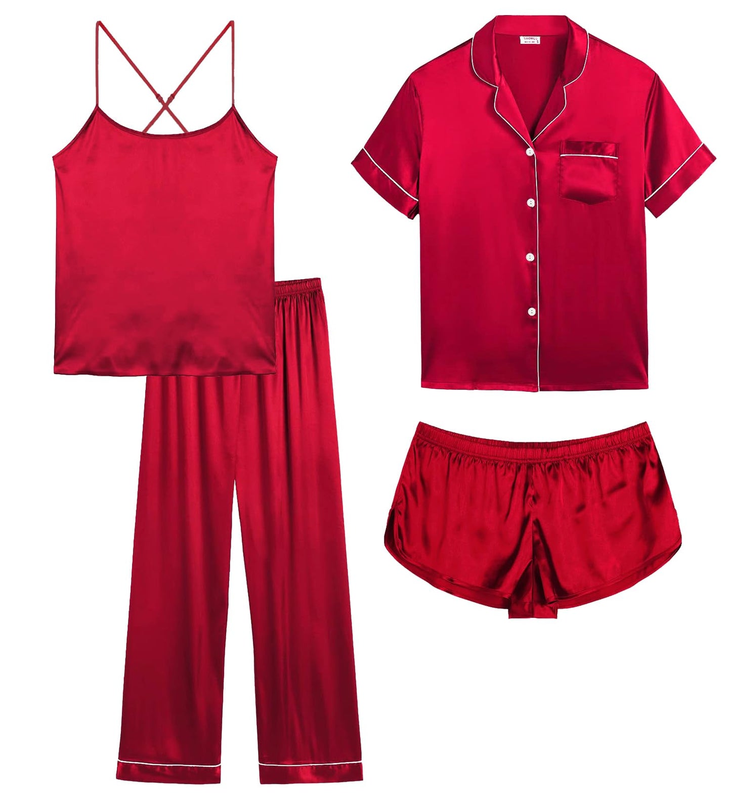 Womens 4pcs Pajamas Sets Silk Satin Pjs Silky Sexy Cami Shorts Set Button Down Short Sleeve Sleepwear Loungewear