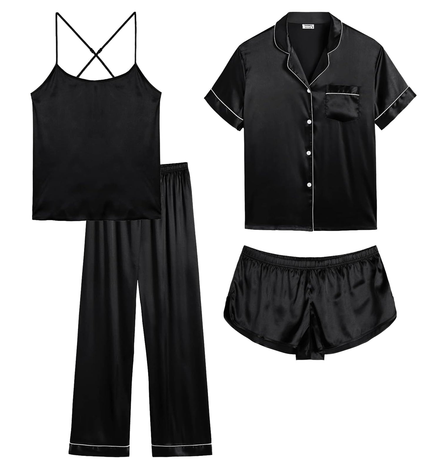 Womens 4pcs Pajamas Sets Silk Satin Pjs Silky Sexy Cami Shorts Set Button Down Short Sleeve Sleepwear Loungewear