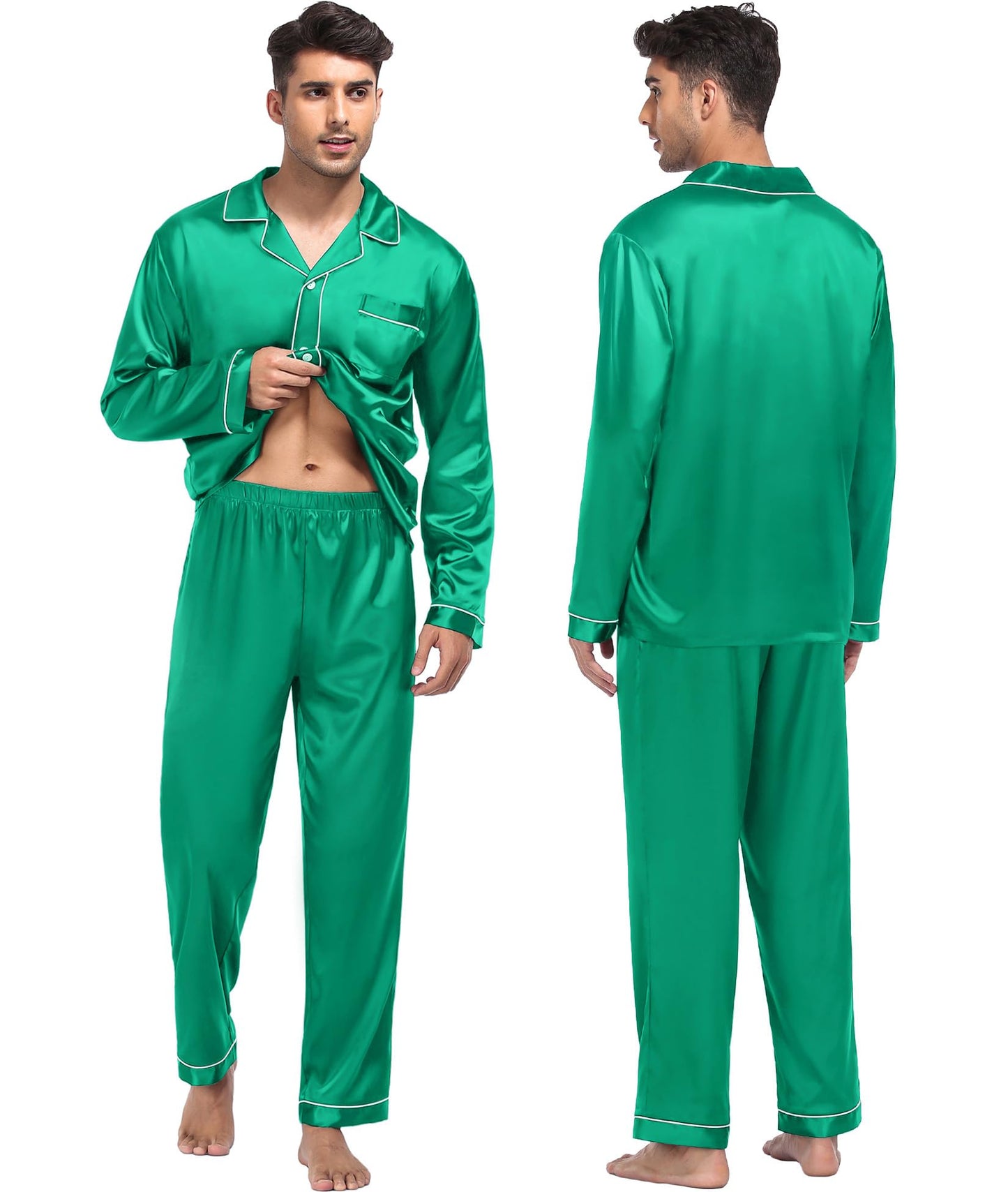 Women & Men Satin Pajamas Set Couple Matching Pajamas Long Sleeve Sleepwear Button Down Loungewear 2 Pcs Pj Set