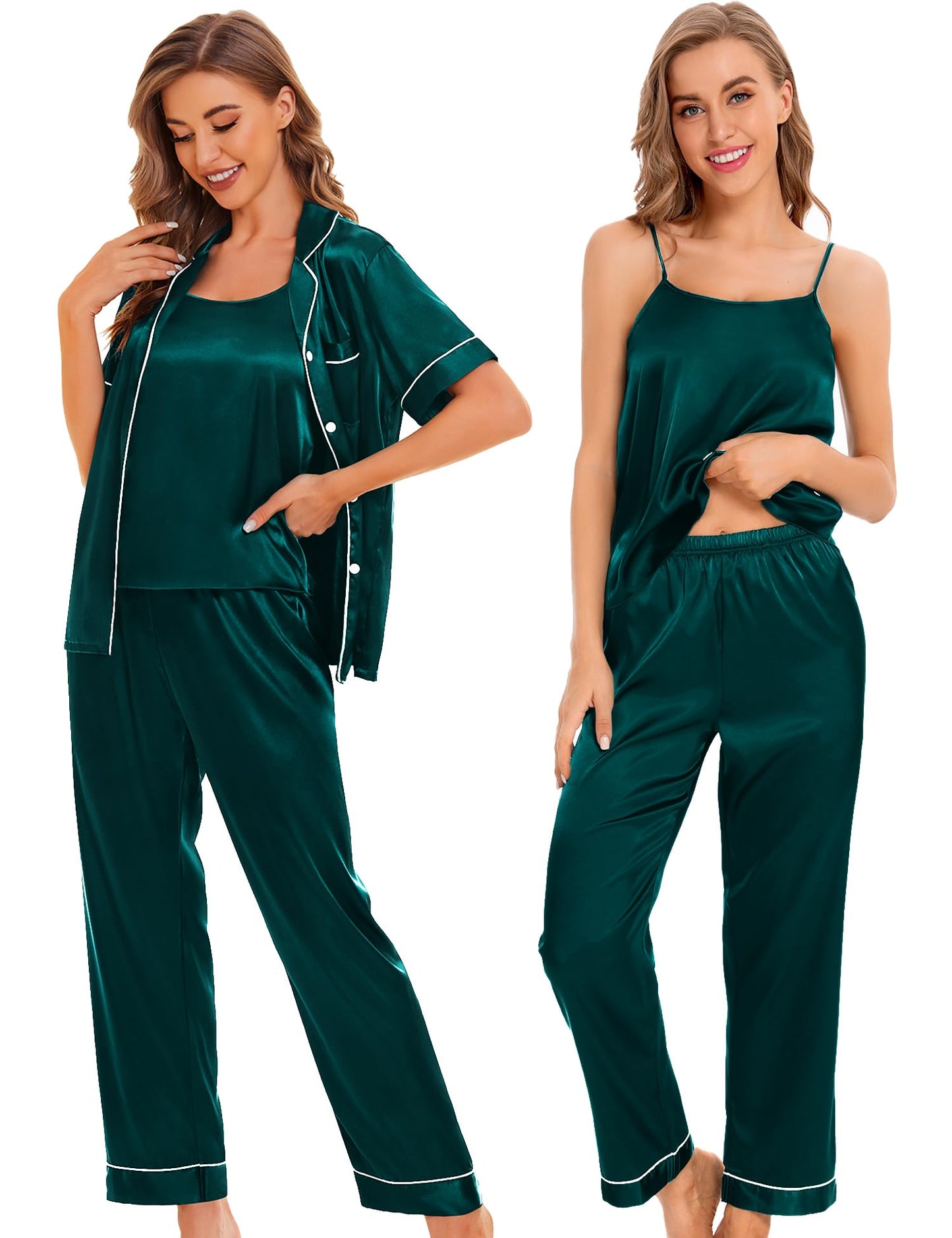 Womens 4pcs Pajamas Sets Silk Satin Pjs Silky Sexy Cami Shorts Set Button Down Short Sleeve Sleepwear Loungewear