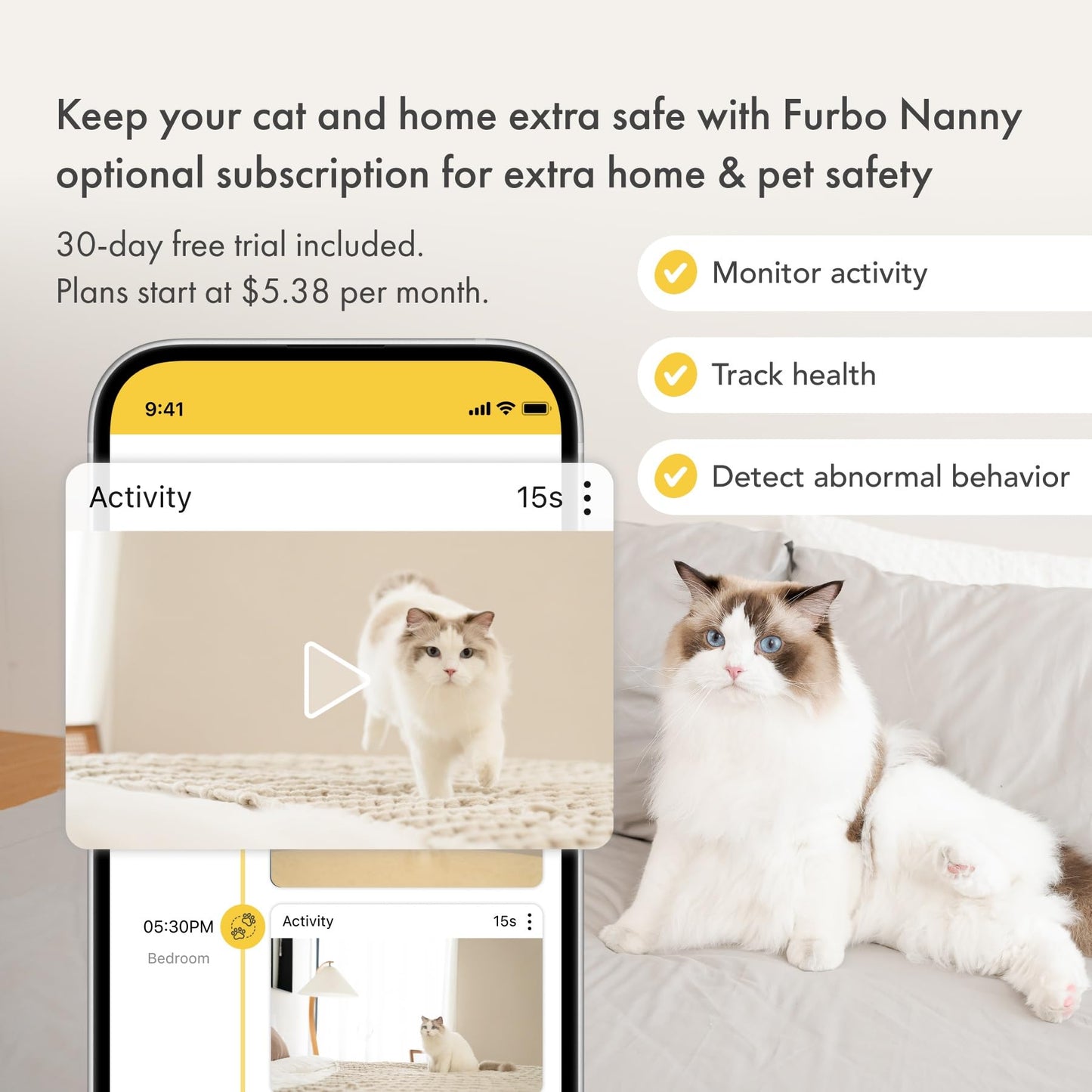 Furbo 360° Dog Camera + Nanny Bundle: Home Security & Dog Safety Alerts, Rotating Pet Treat Dispenser Camera with Speaker, Smart Home Indoor Cam w Phone App (Additional Subscription Required at Setup)