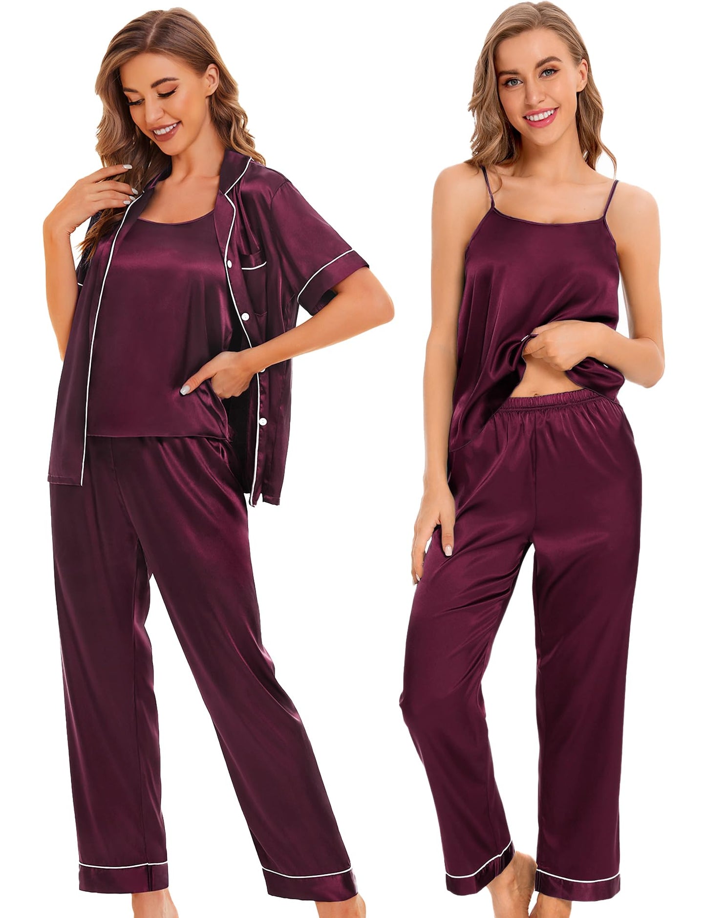 Womens 4pcs Pajamas Sets Silk Satin Pjs Silky Sexy Cami Shorts Set Button Down Short Sleeve Sleepwear Loungewear