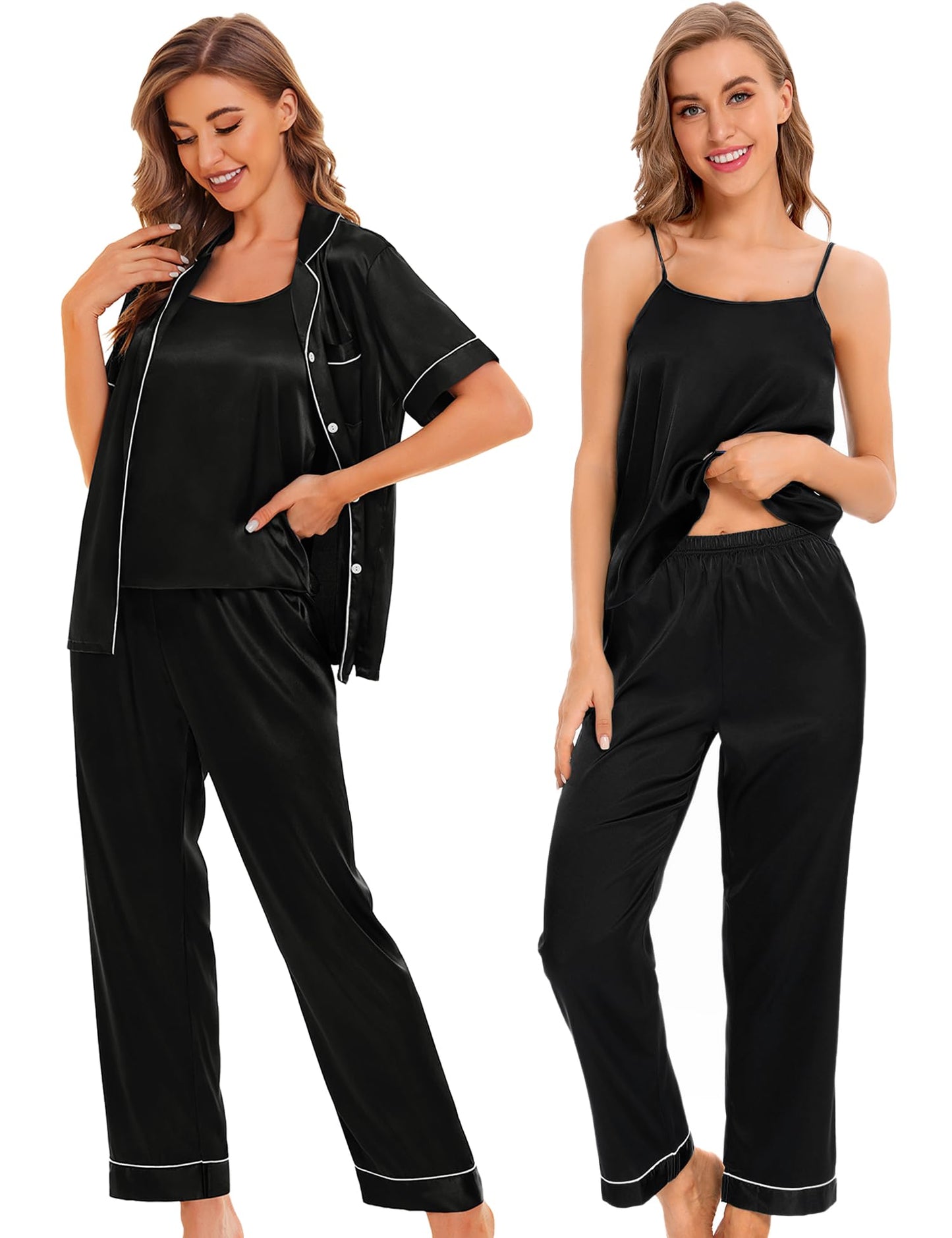 Womens 4pcs Pajamas Sets Silk Satin Pjs Silky Sexy Cami Shorts Set Button Down Short Sleeve Sleepwear Loungewear