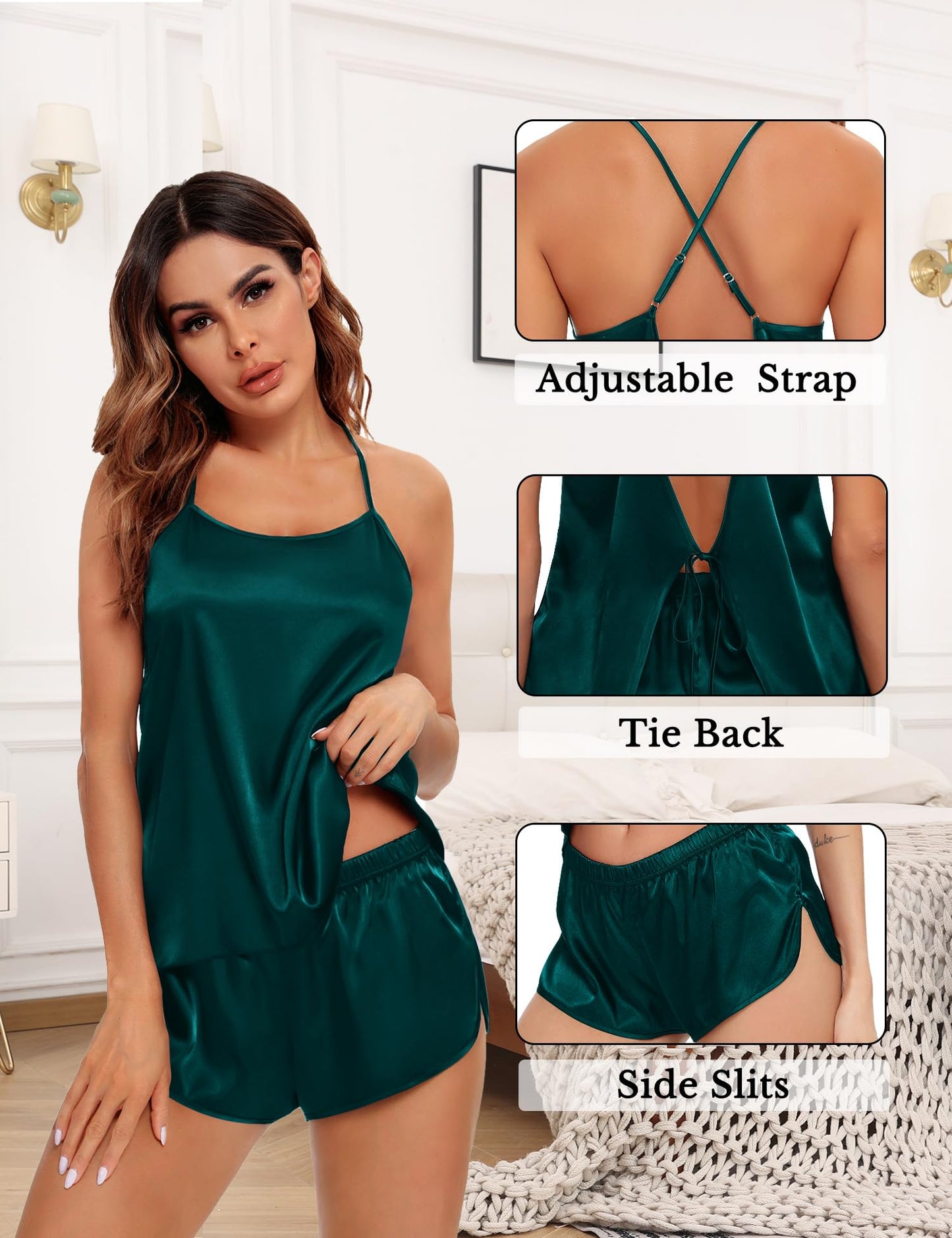 Womens 4pcs Pajamas Sets Silk Satin Pjs Silky Sexy Cami Shorts Set Button Down Short Sleeve Sleepwear Loungewear