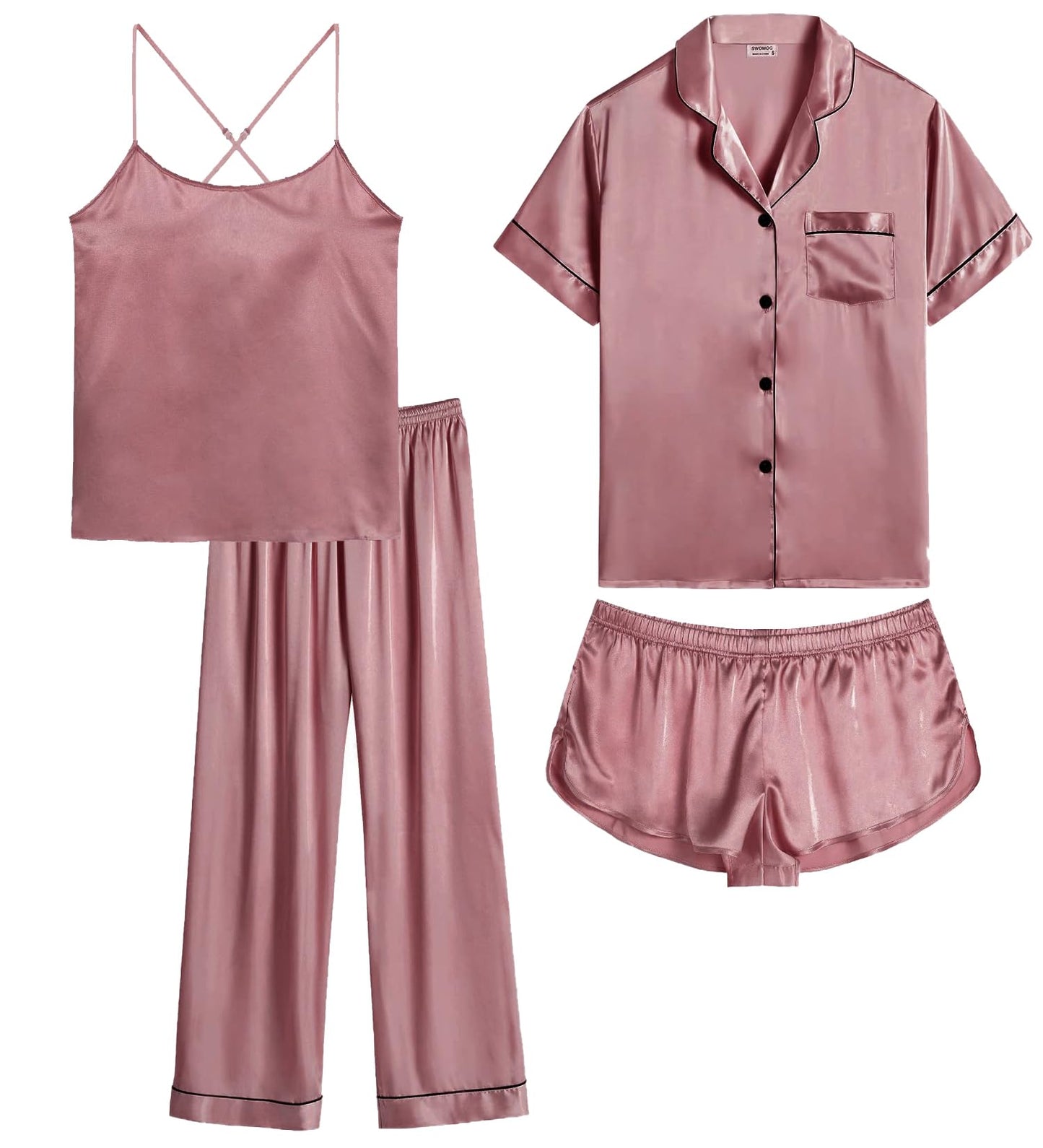 Womens 4pcs Pajamas Sets Silk Satin Pjs Silky Sexy Cami Shorts Set Button Down Short Sleeve Sleepwear Loungewear