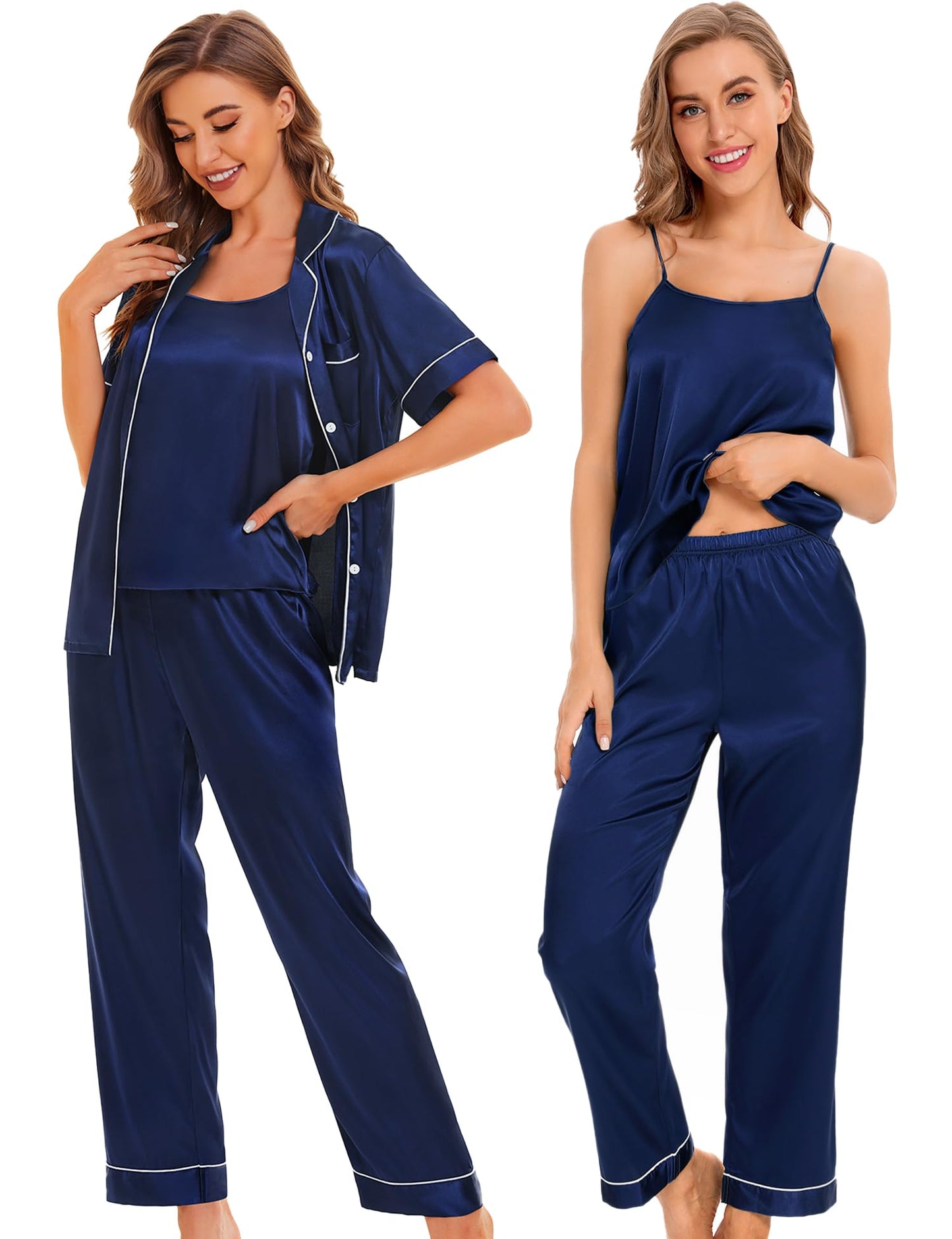 Womens 4pcs Pajamas Sets Silk Satin Pjs Silky Sexy Cami Shorts Set Button Down Short Sleeve Sleepwear Loungewear