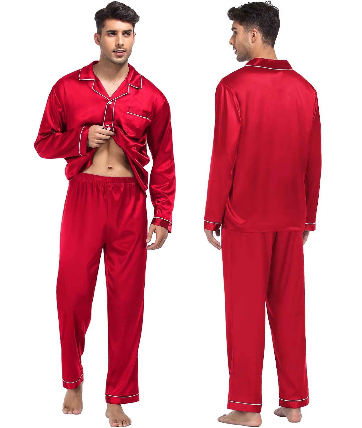 Women & Men Satin Pajamas Set Couple Matching Pajamas Long Sleeve Sleepwear Button Down Loungewear 2 Pcs Pj Set
