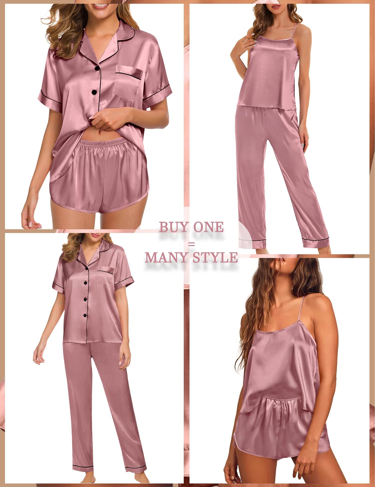 Womens 4pcs Pajamas Sets Silk Satin Pjs Silky Sexy Cami Shorts Set Button Down Short Sleeve Sleepwear Loungewear