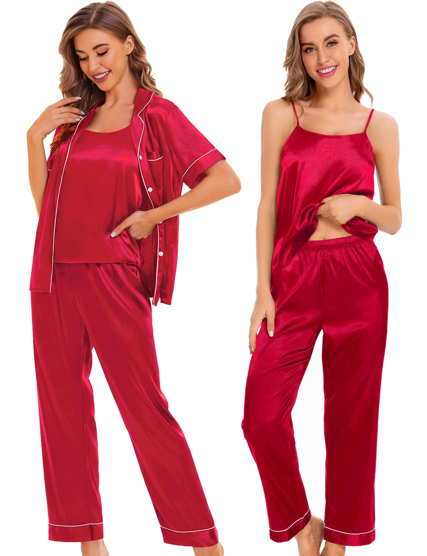 Womens 4pcs Pajamas Sets Silk Satin Pjs Silky Sexy Cami Shorts Set Button Down Short Sleeve Sleepwear Loungewear