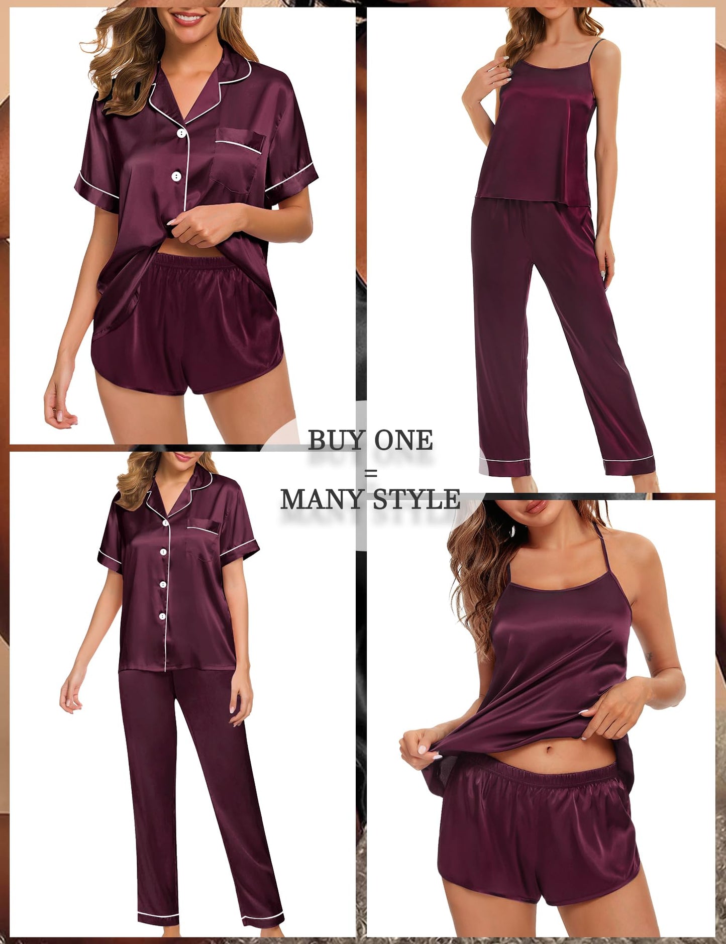 Womens 4pcs Pajamas Sets Silk Satin Pjs Silky Sexy Cami Shorts Set Button Down Short Sleeve Sleepwear Loungewear