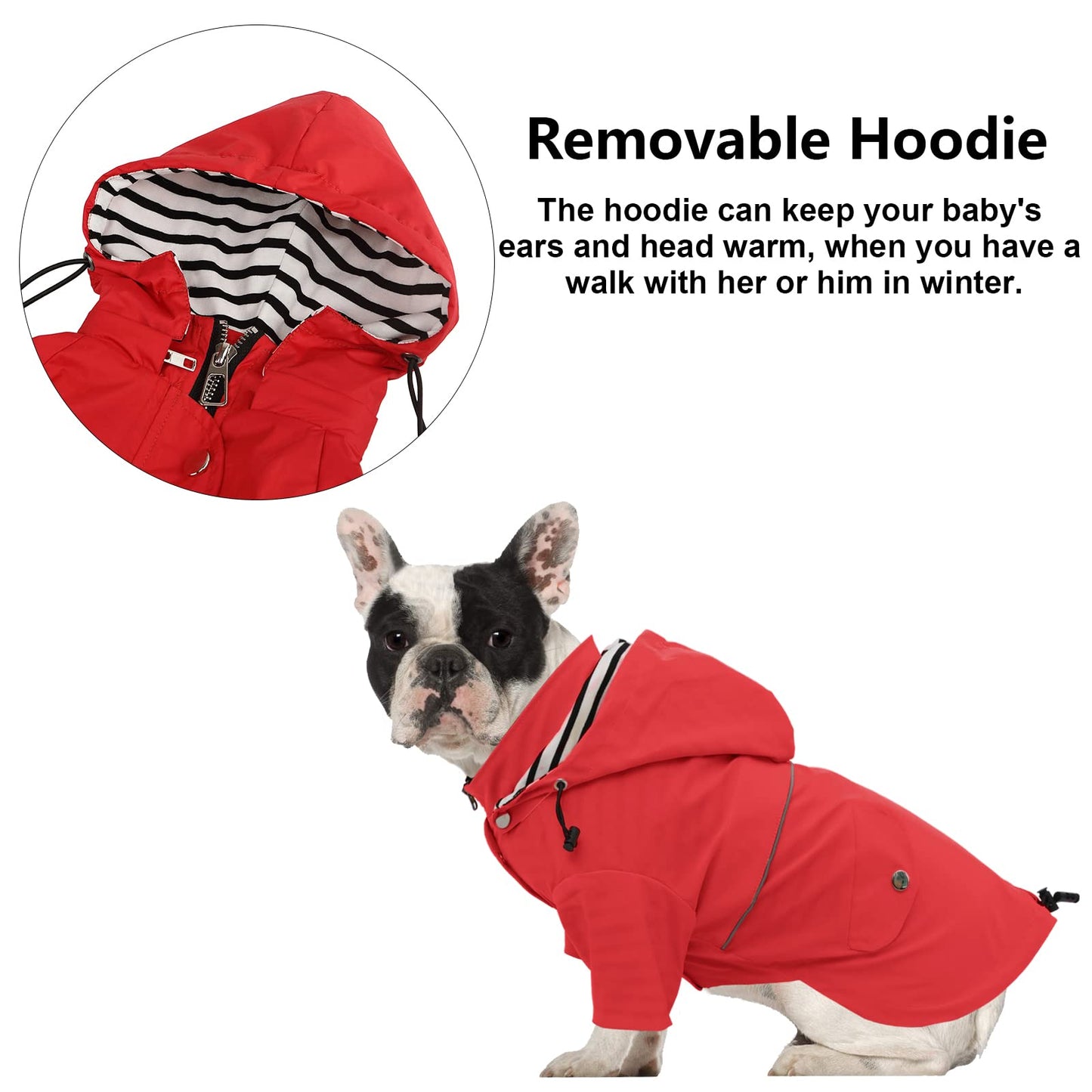 Dog Zip Up Dog Raincoat with Reflective, Rain/Water Resistant, Adjustable Drawstring, Removable Hood, Dog Raincoats with Legs 8lbs to 80lbs Available - Red - Small