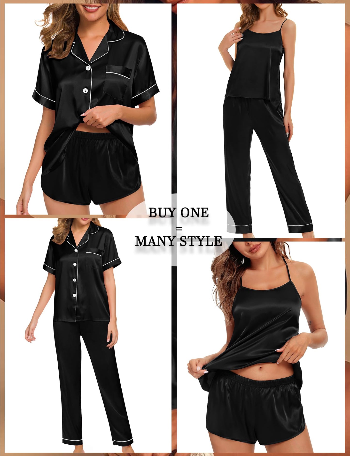 Womens 4pcs Pajamas Sets Silk Satin Pjs Silky Sexy Cami Shorts Set Button Down Short Sleeve Sleepwear Loungewear