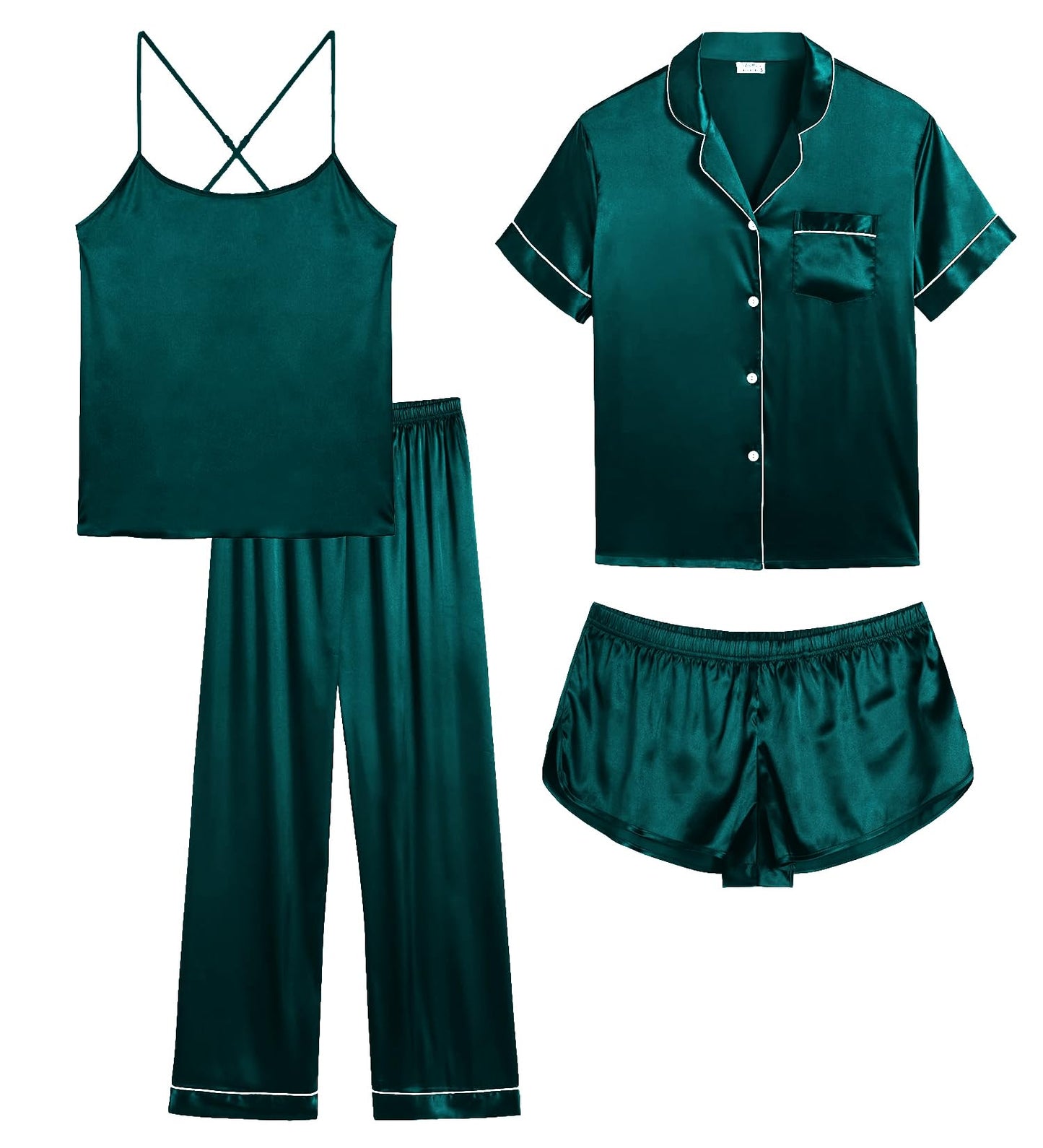Womens 4pcs Pajamas Sets Silk Satin Pjs Silky Sexy Cami Shorts Set Button Down Short Sleeve Sleepwear Loungewear
