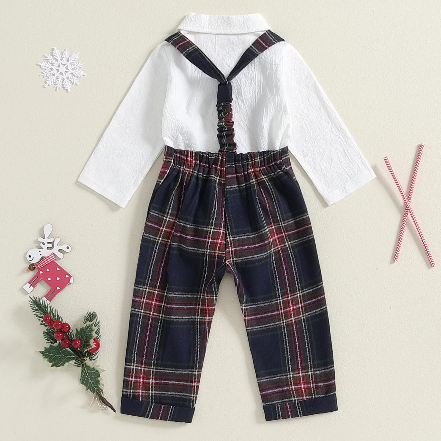 Newborn Baby Boy Gentleman Long Sleeve Bow Tie Romper Plaid Suspender Pants 2Pcs Christmas Clothes Set