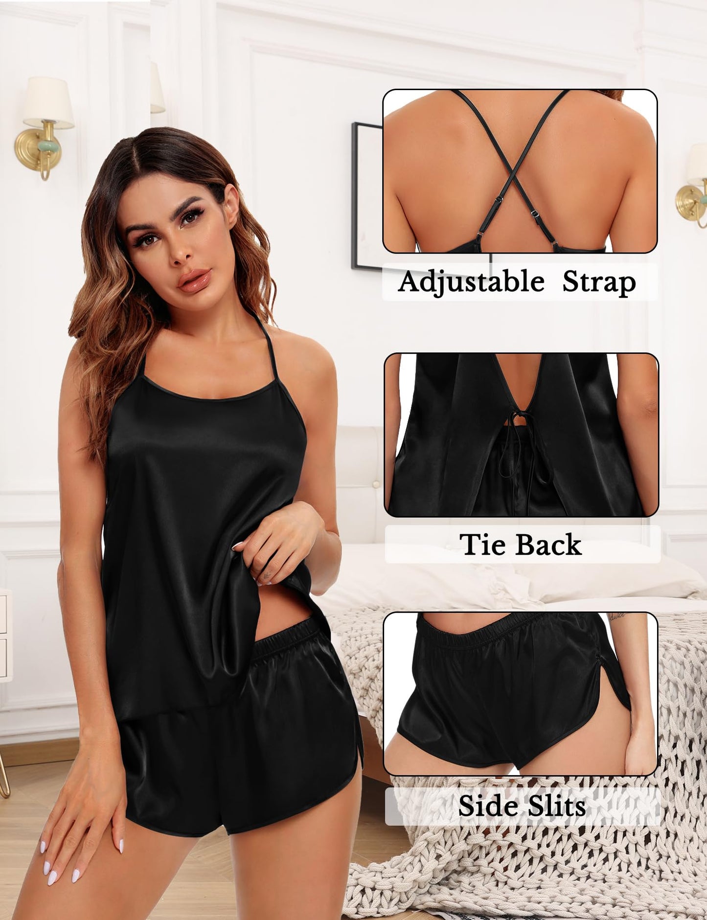 Womens 4pcs Pajamas Sets Silk Satin Pjs Silky Sexy Cami Shorts Set Button Down Short Sleeve Sleepwear Loungewear