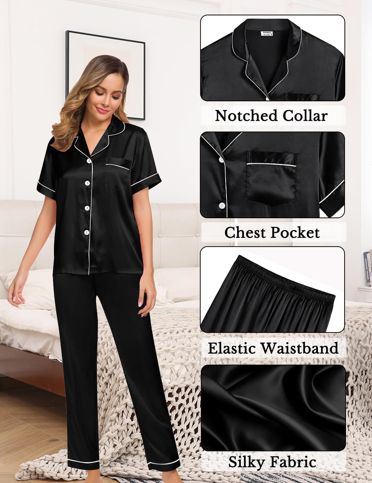 Womens 4pcs Pajamas Sets Silk Satin Pjs Silky Sexy Cami Shorts Set Button Down Short Sleeve Sleepwear Loungewear