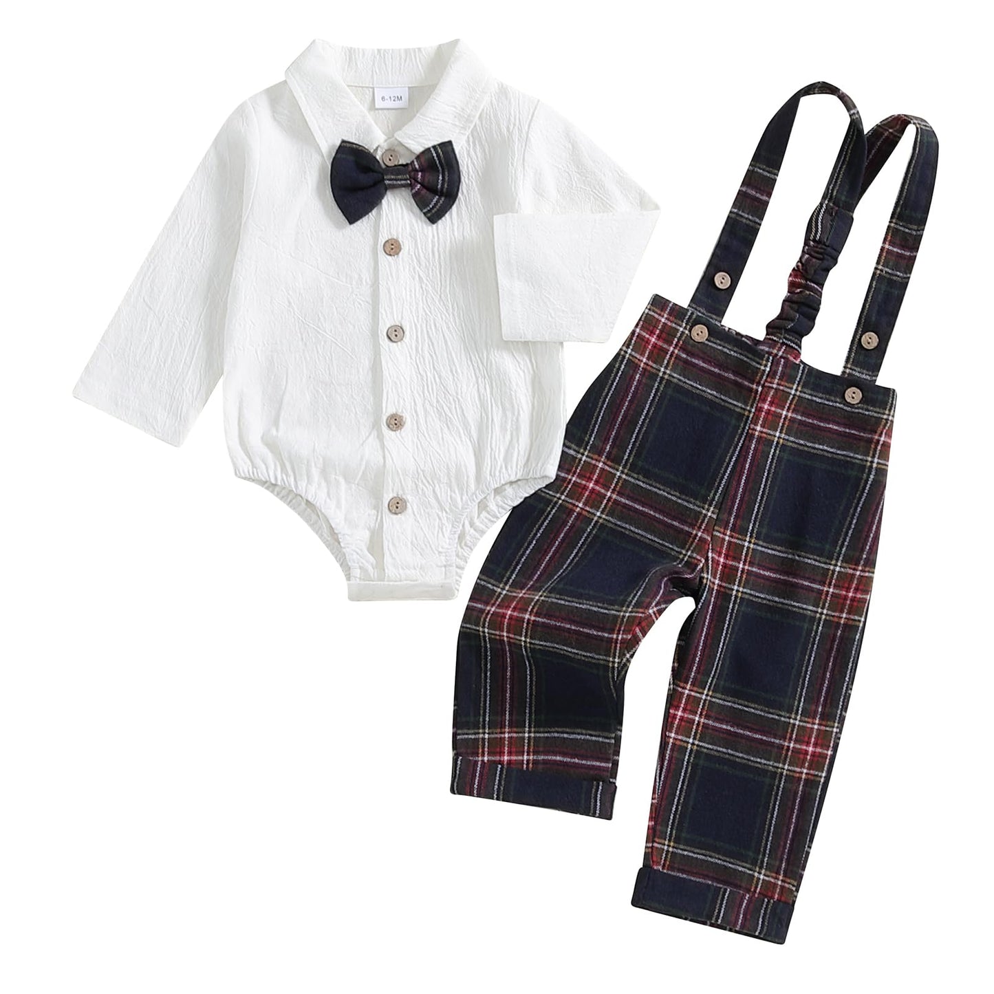 Newborn Baby Boy Gentleman Long Sleeve Bow Tie Romper Plaid Suspender Pants 2Pcs Christmas Clothes Set