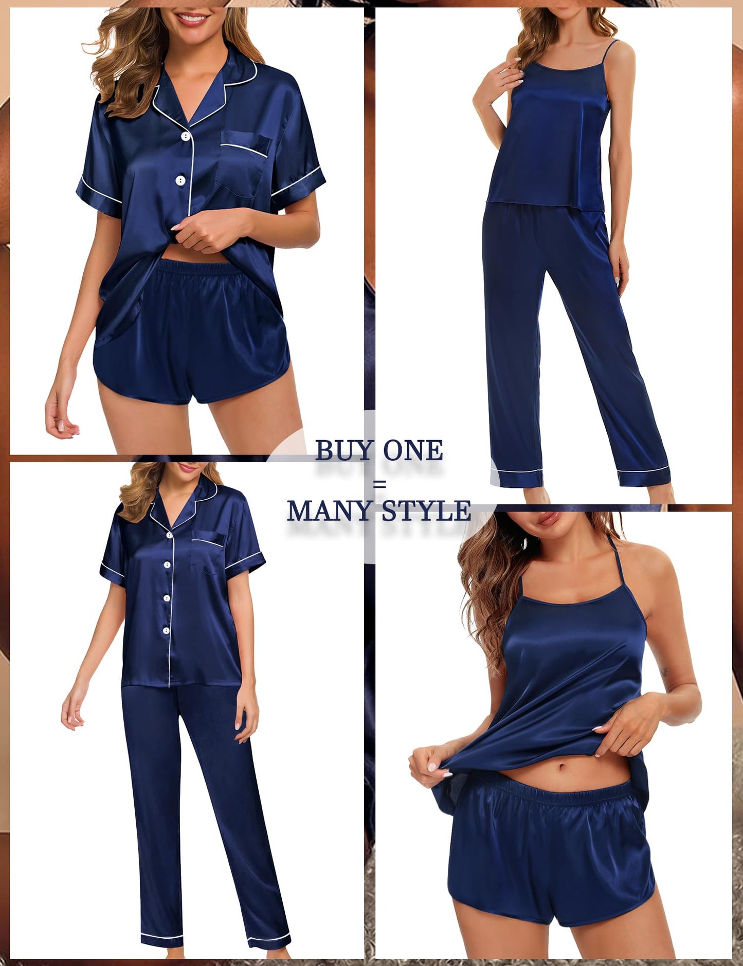 Womens 4pcs Pajamas Sets Silk Satin Pjs Silky Sexy Cami Shorts Set Button Down Short Sleeve Sleepwear Loungewear