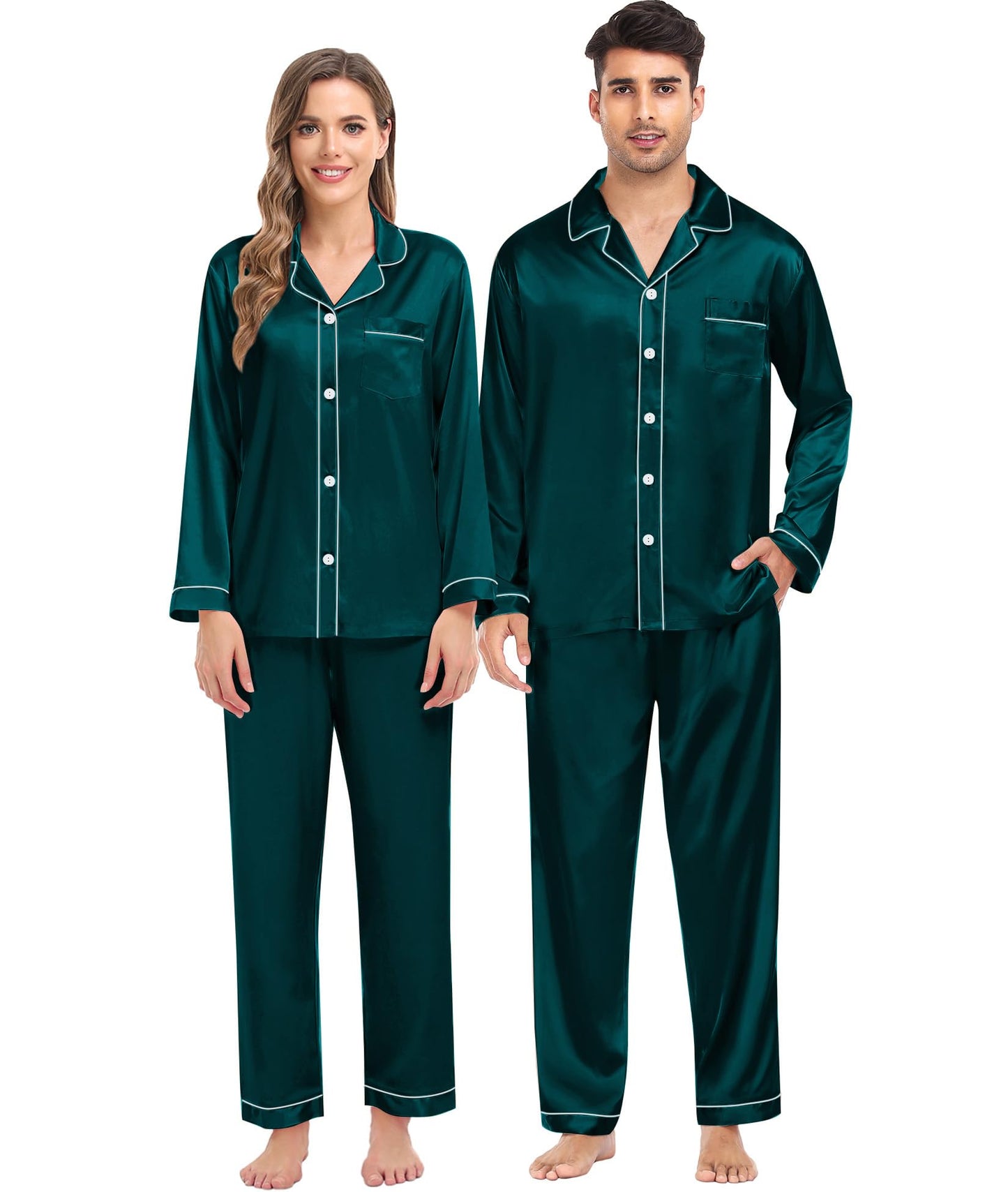 Women & Men Satin Pajamas Set Couple Matching Pajamas Long Sleeve Sleepwear Button Down Loungewear 2 Pcs Pj Set