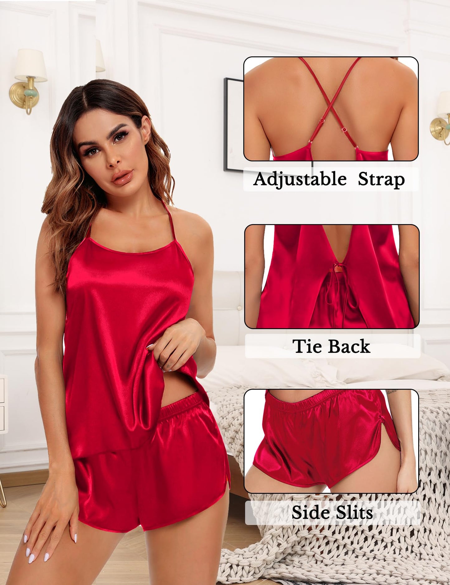 Womens 4pcs Pajamas Sets Silk Satin Pjs Silky Sexy Cami Shorts Set Button Down Short Sleeve Sleepwear Loungewear