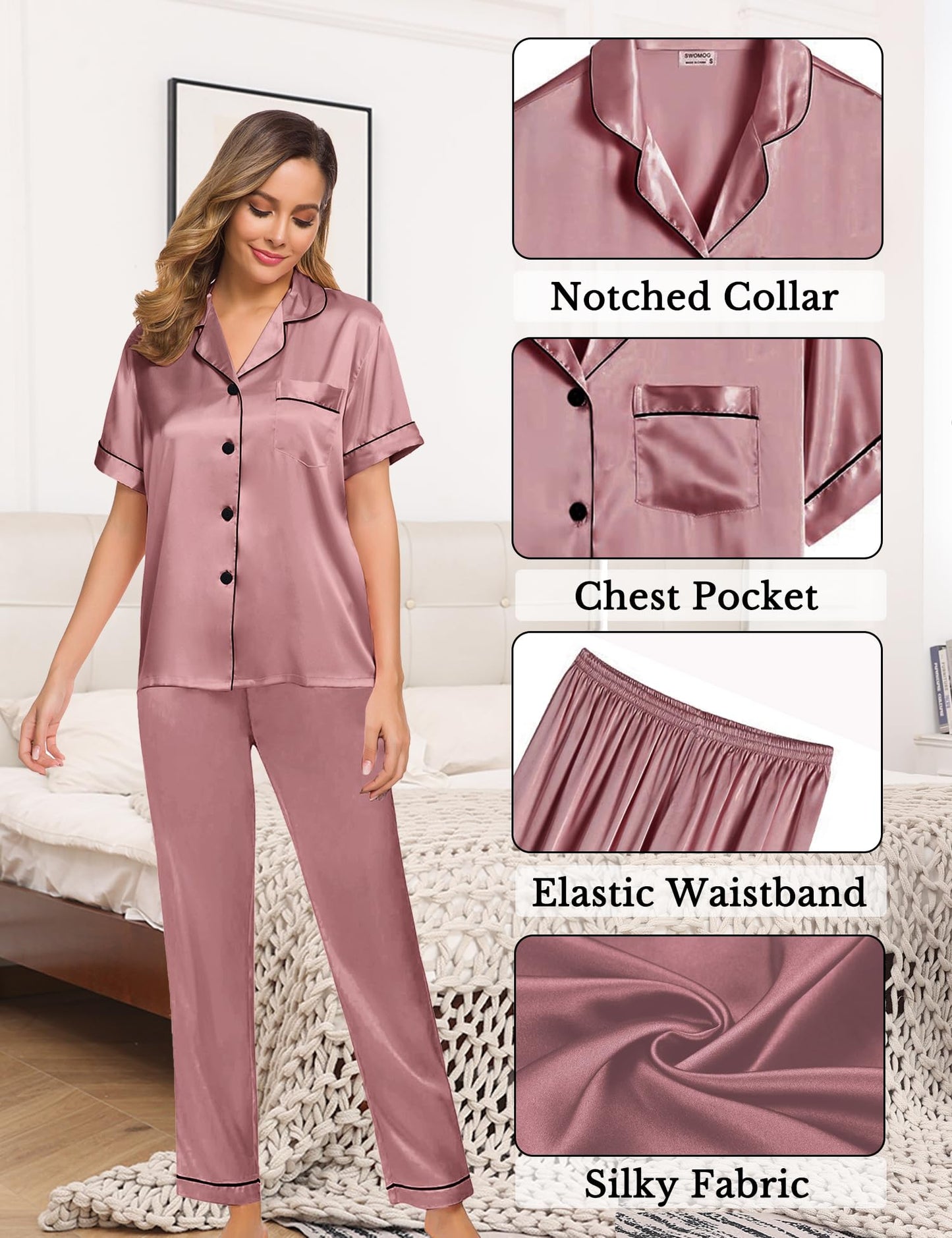 Womens 4pcs Pajamas Sets Silk Satin Pjs Silky Sexy Cami Shorts Set Button Down Short Sleeve Sleepwear Loungewear