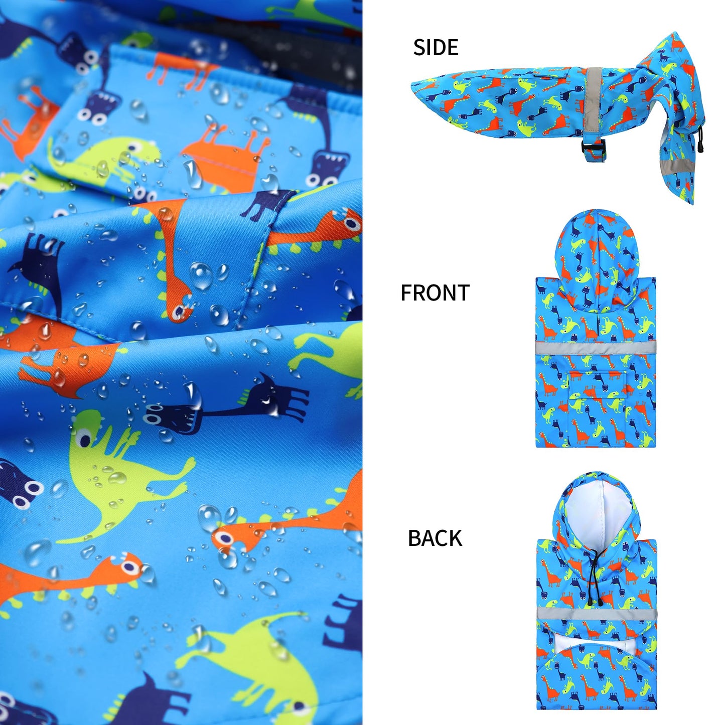 Dog Raincoat Adjustable - Pet Dinosaurs Water Proof Clothes Lightweight Rain Jacket Poncho Hoodies with Strip Reflective Blue