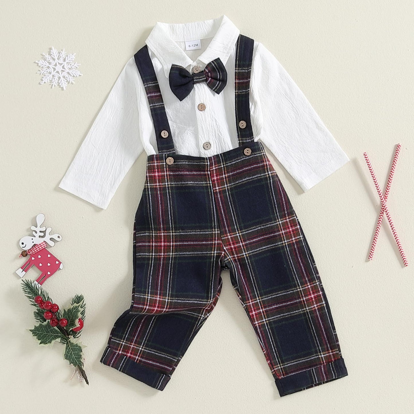 Newborn Baby Boy Gentleman Long Sleeve Bow Tie Romper Plaid Suspender Pants 2Pcs Christmas Clothes Set