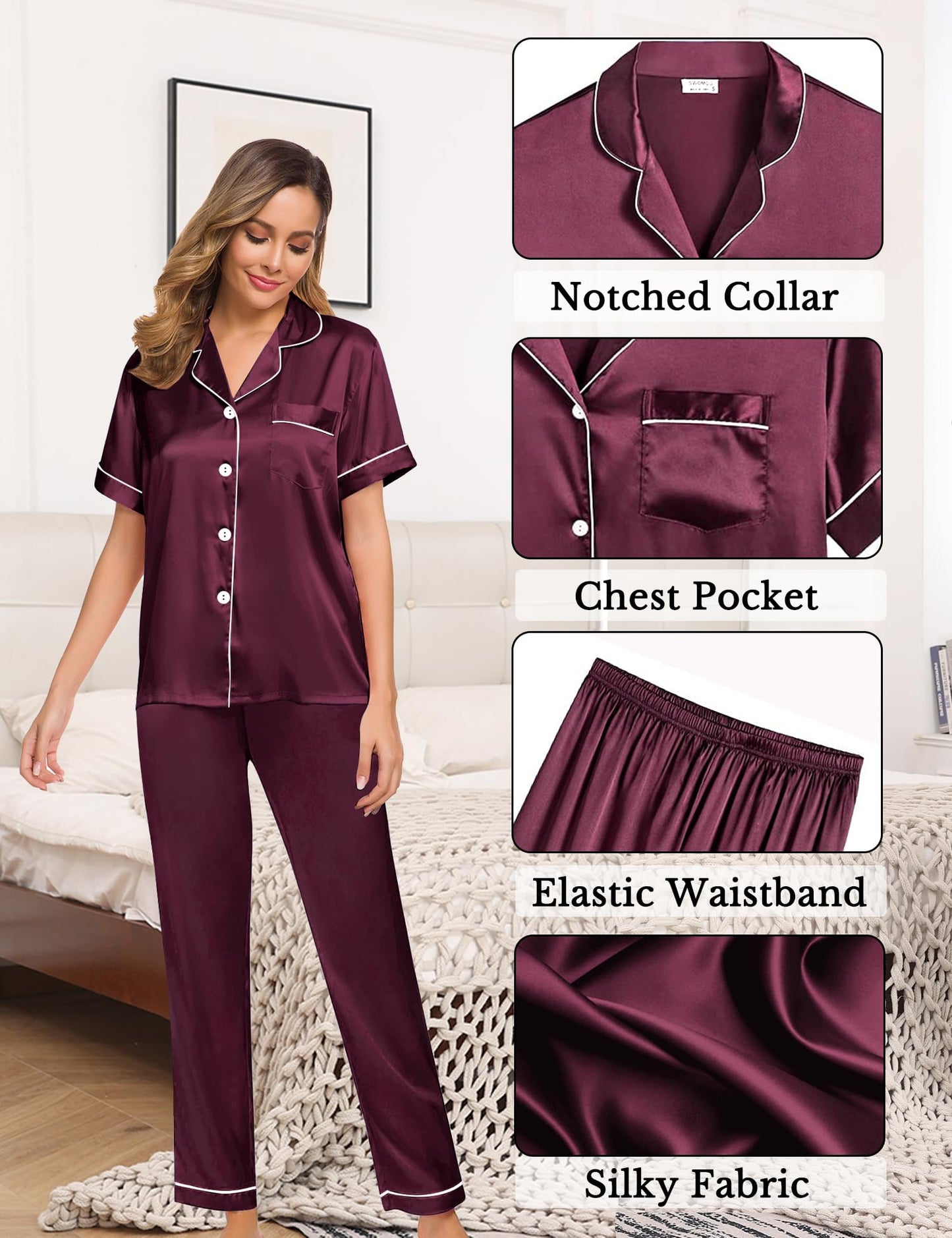 Womens 4pcs Pajamas Sets Silk Satin Pjs Silky Sexy Cami Shorts Set Button Down Short Sleeve Sleepwear Loungewear