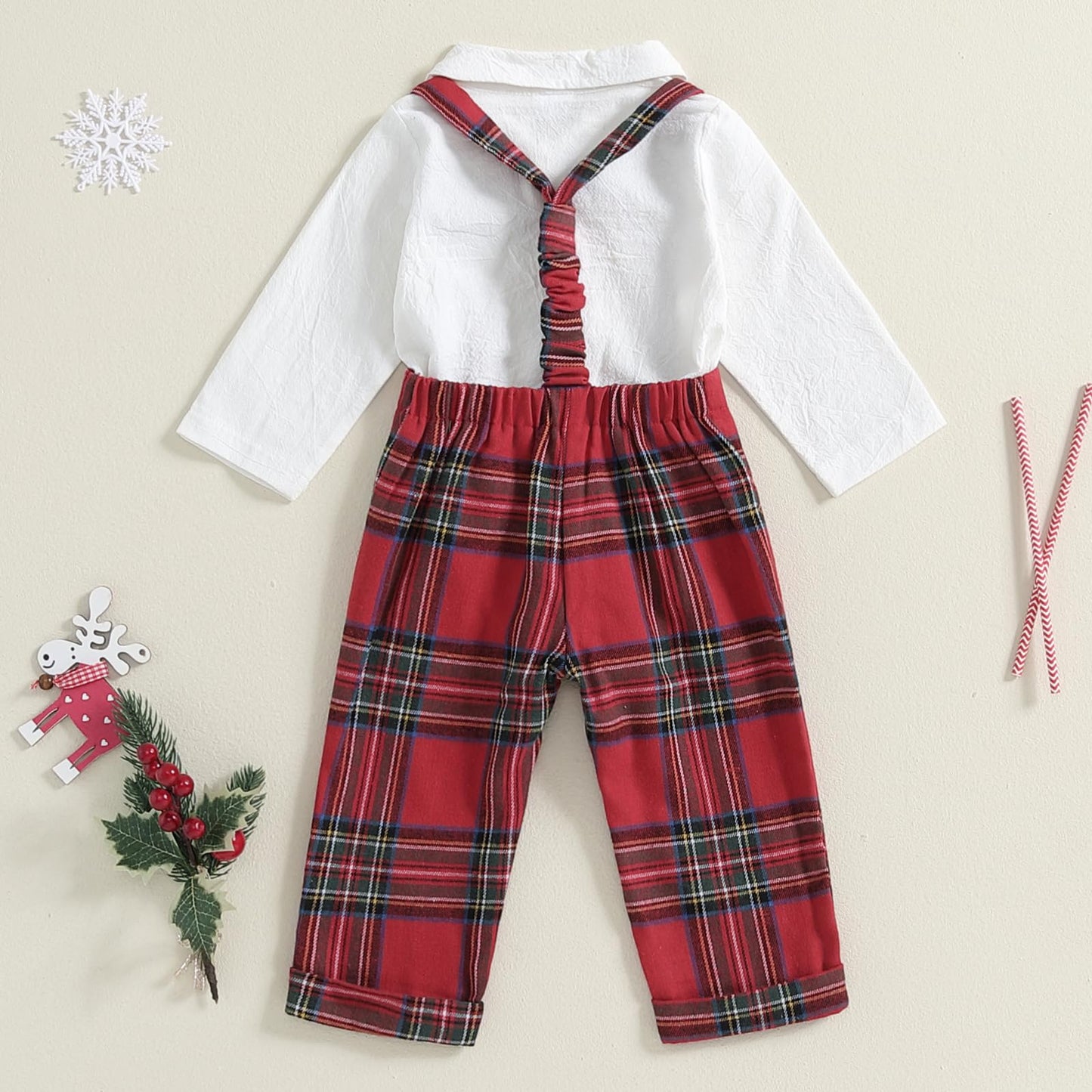 Newborn Baby Boy Gentleman Long Sleeve Bow Tie Romper Plaid Suspender Pants 2Pcs Christmas Clothes Set