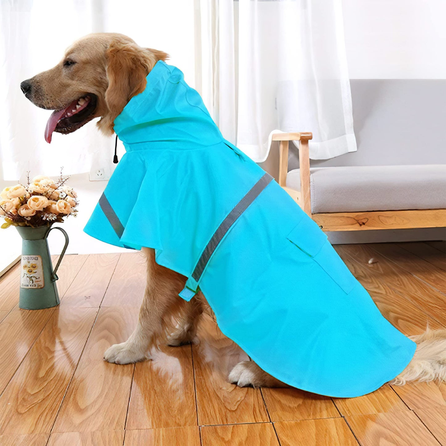 Dog Raincoat Adjustable - Pet Dinosaurs Water Proof Clothes Lightweight Rain Jacket Poncho Hoodies with Strip Reflective Blue