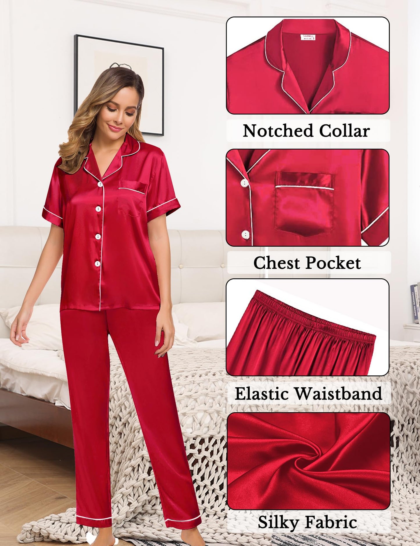 Womens 4pcs Pajamas Sets Silk Satin Pjs Silky Sexy Cami Shorts Set Button Down Short Sleeve Sleepwear Loungewear