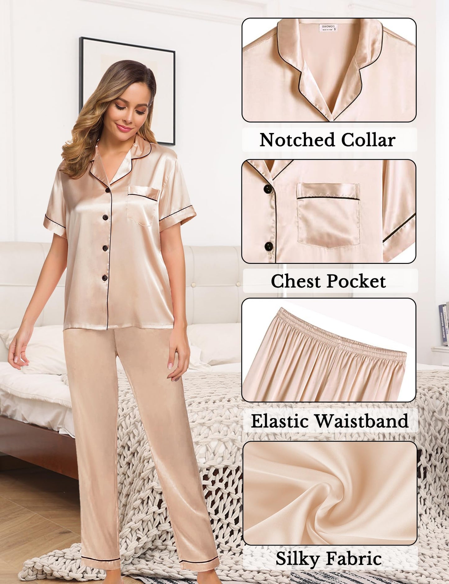 Womens 4pcs Pajamas Sets Silk Satin Pjs Silky Sexy Cami Shorts Set Button Down Short Sleeve Sleepwear Loungewear