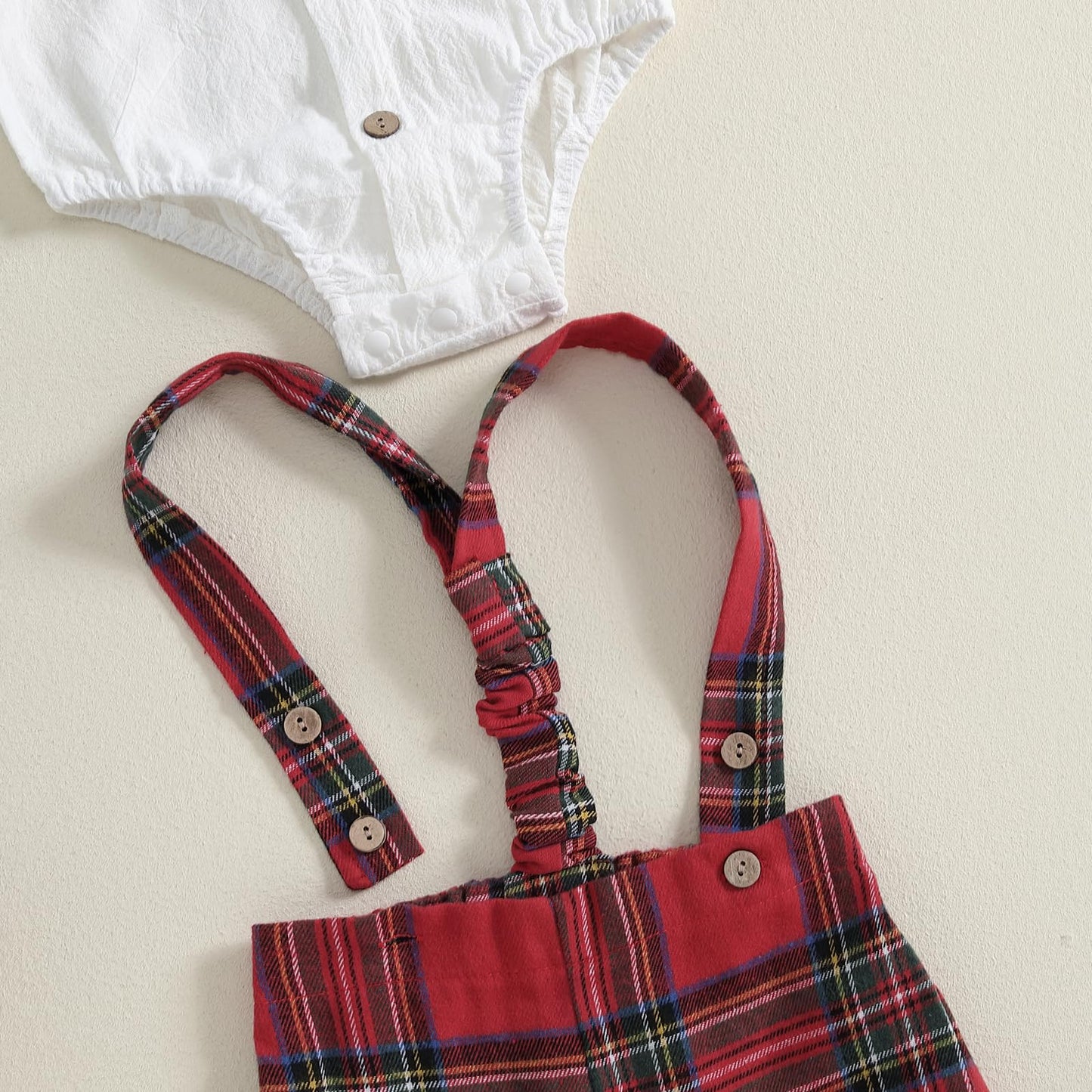Newborn Baby Boy Gentleman Long Sleeve Bow Tie Romper Plaid Suspender Pants 2Pcs Christmas Clothes Set