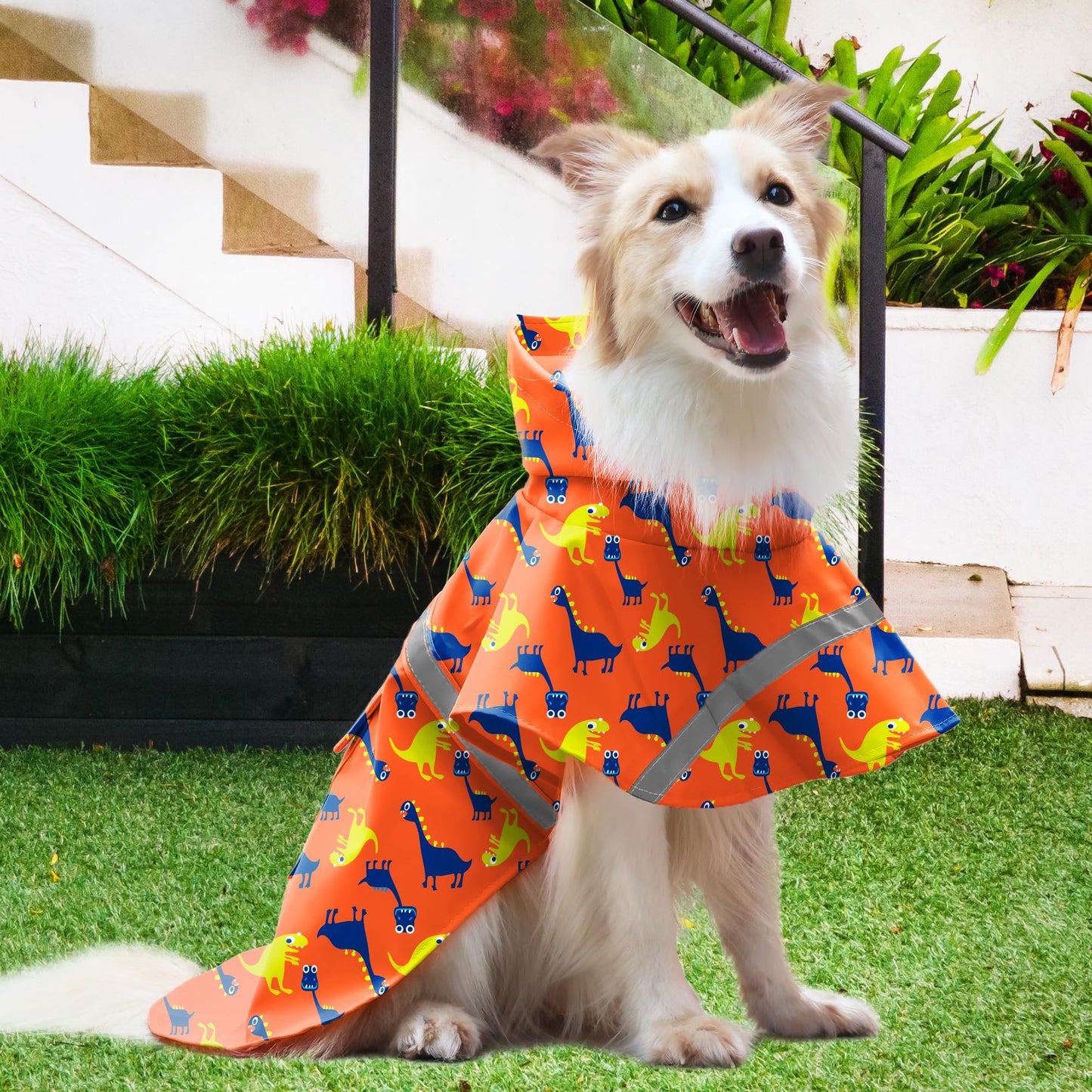 Dog Raincoat Adjustable - Pet Dinosaurs Water Proof Clothes Lightweight Rain Jacket Poncho Hoodies with Strip Reflective Blue