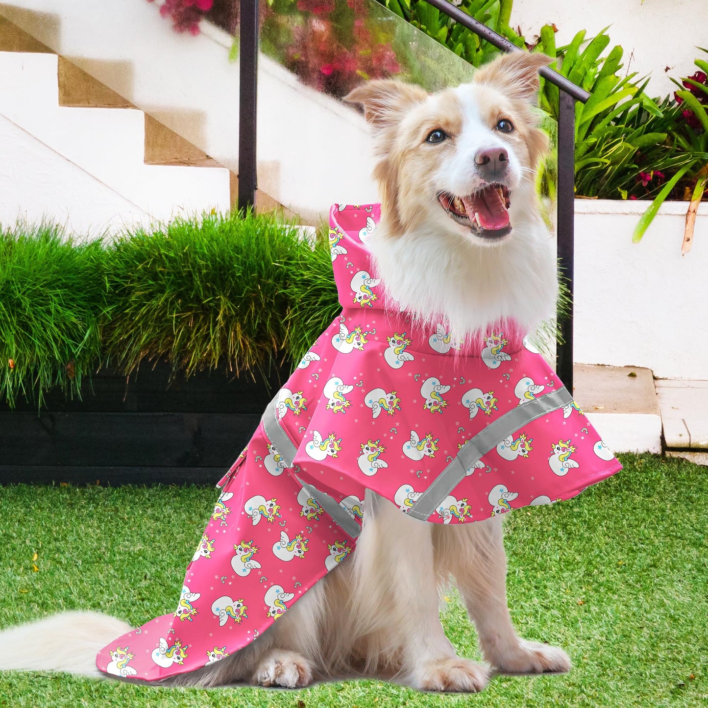 Dog Raincoat Adjustable - Pet Dinosaurs Water Proof Clothes Lightweight Rain Jacket Poncho Hoodies with Strip Reflective Blue