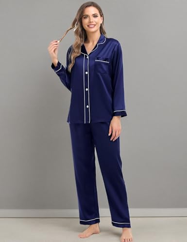 Women & Men Satin Pajamas Set Couple Matching Pajamas Long Sleeve Sleepwear Button Down Loungewear 2 Pcs Pj Set