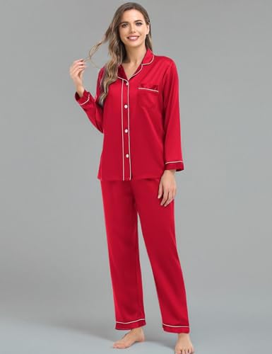 Women & Men Satin Pajamas Set Couple Matching Pajamas Long Sleeve Sleepwear Button Down Loungewear 2 Pcs Pj Set