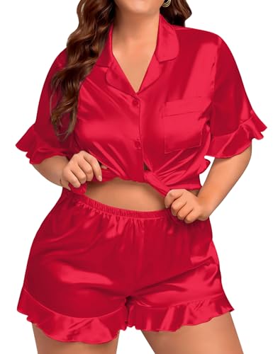 Womens Satin Plus Size Pajamas Silk Short Sleeve Pjs Sets