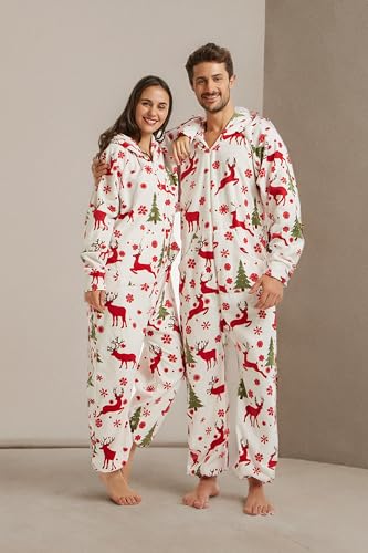 XMAS Women's & Men's Hooded Fleece Onesies One-Piece Pajamas