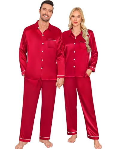 Women & Men Satin Pajamas Set Couple Matching Pajamas Long Sleeve Sleepwear Button Down Loungewear 2 Pcs Pj Set