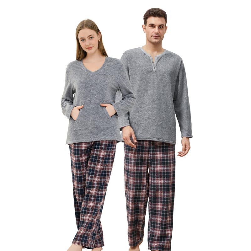 Couple Pajama Sets, Plaid Pajama Set for Men and Women Soft Warm Pjs Set