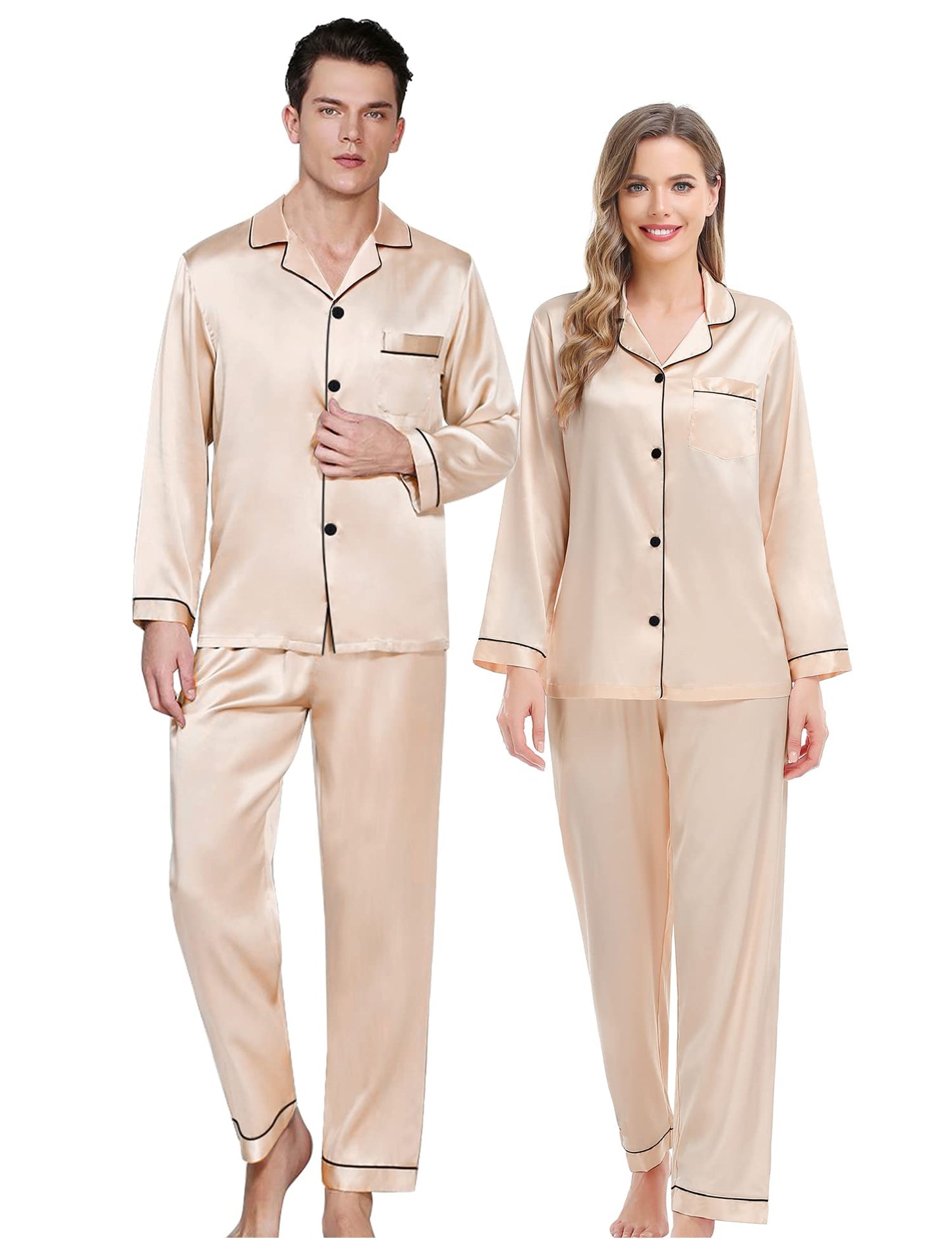 Couples Matching Pajamas Set Silk Satin Long Sleeve Sleepwear Soft Button Down Loungewear Pj Set